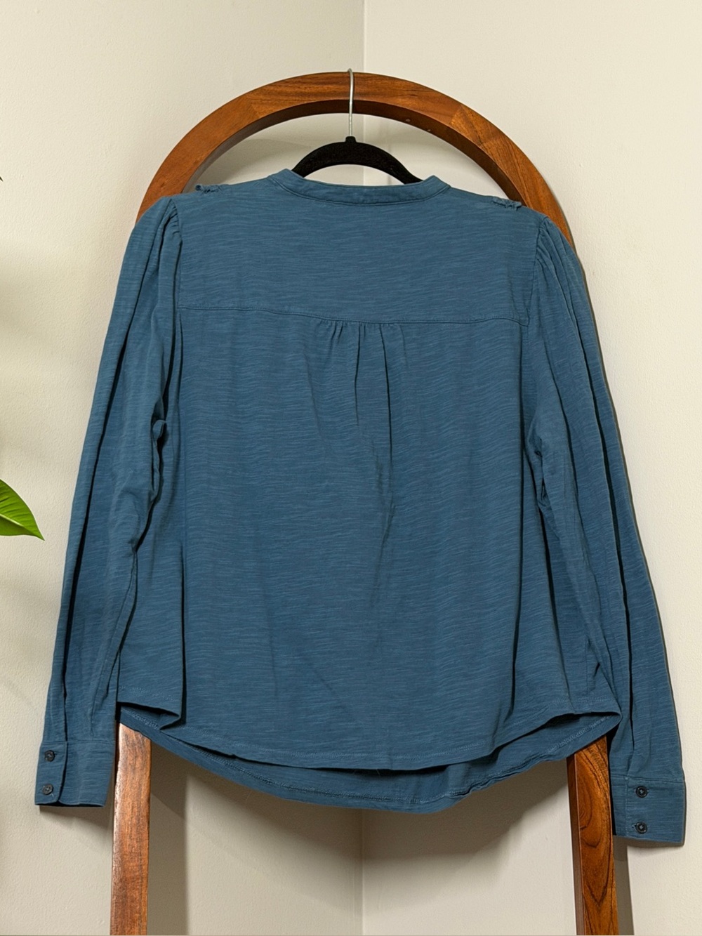 Boden 14 Dark Teal Long Sleeve Ruffle Trim Slub Knit Cotton Blouse Top - Picture 2 of 8